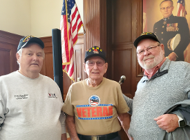 Don Hawkins, WWII Iwo Jima Veteran Wayne Saucerman & Dave Sassman at the 75th Anniversary ceremony at the IN War Memorial