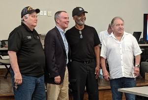 Don Hawkins, Mayor Joe Hogsett, the Marine Vietnam Veteran that was awarded a free car by Roger Upchurch of Cars 4 Heroes. 